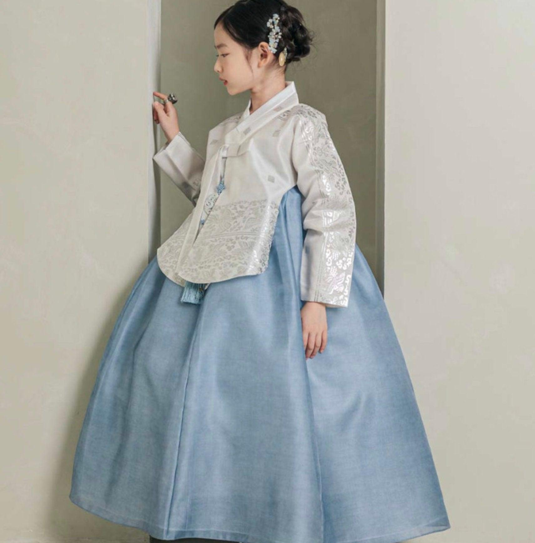 Yuhee Silver Foil Blue Girl Hanbok (100D-15YR) - Native Korean