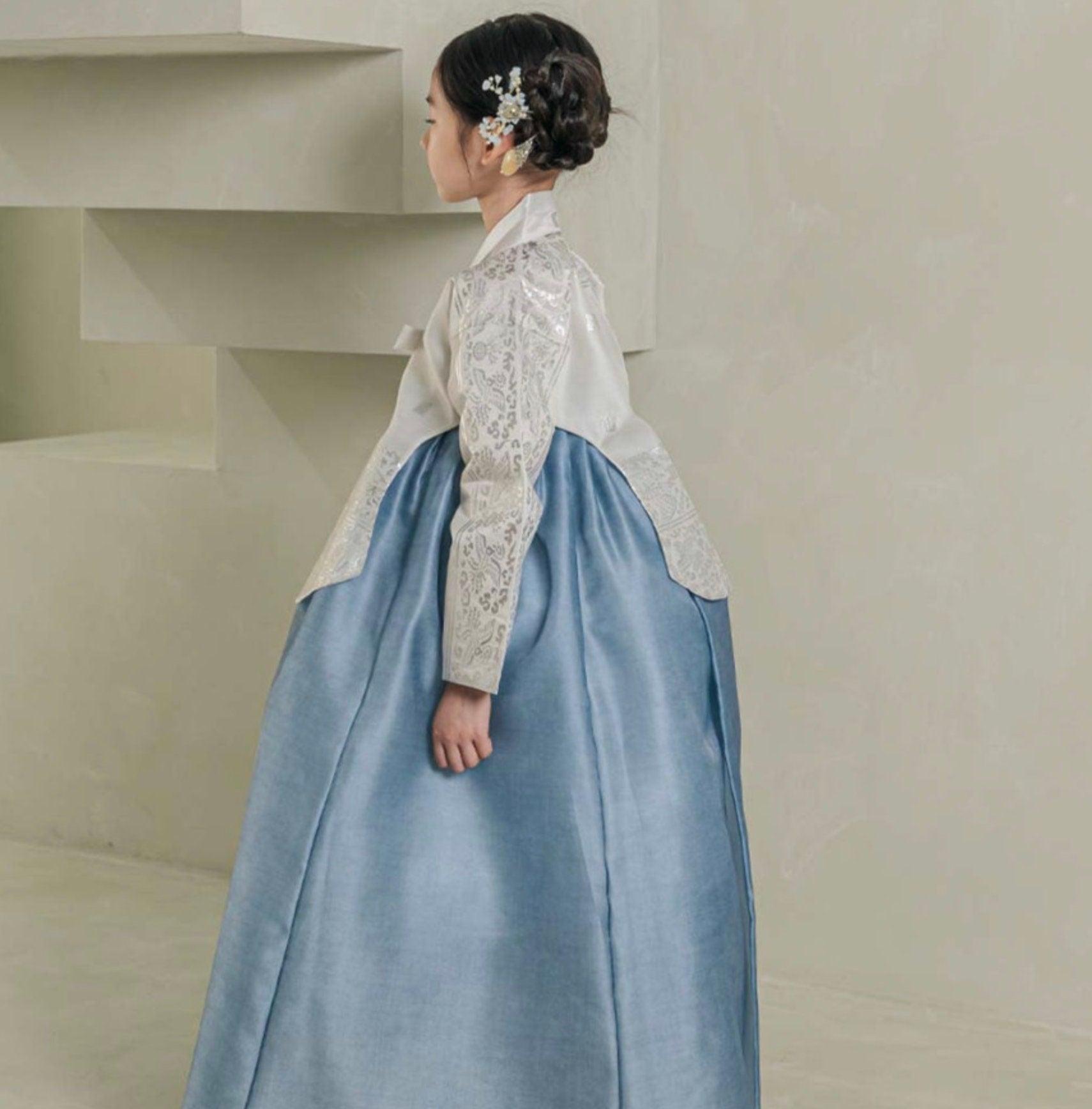Yuhee Silver Foil Blue Girl Hanbok (100D-15YR) - Native Korean