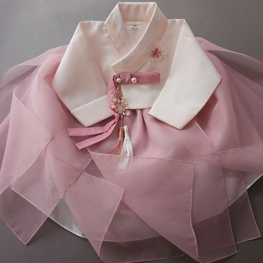 Yumin Flared Beige Indie Pink Girl Hanbok (100D-15YR) - Native Korean