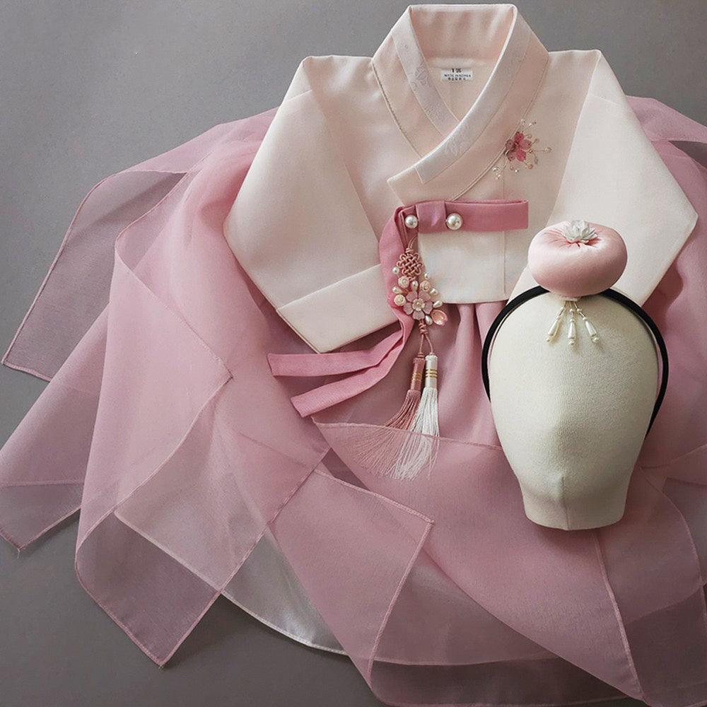 Yumin Flared Beige Indie Pink Girl Hanbok (100D-15YR) - Native Korean