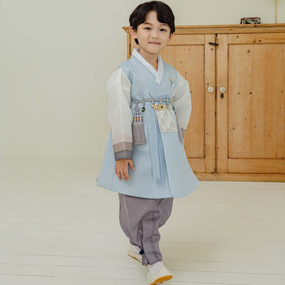 Yusin Sky Stripe Brown-Gray Boy Hanbok (100D-10YR) - Native Korean