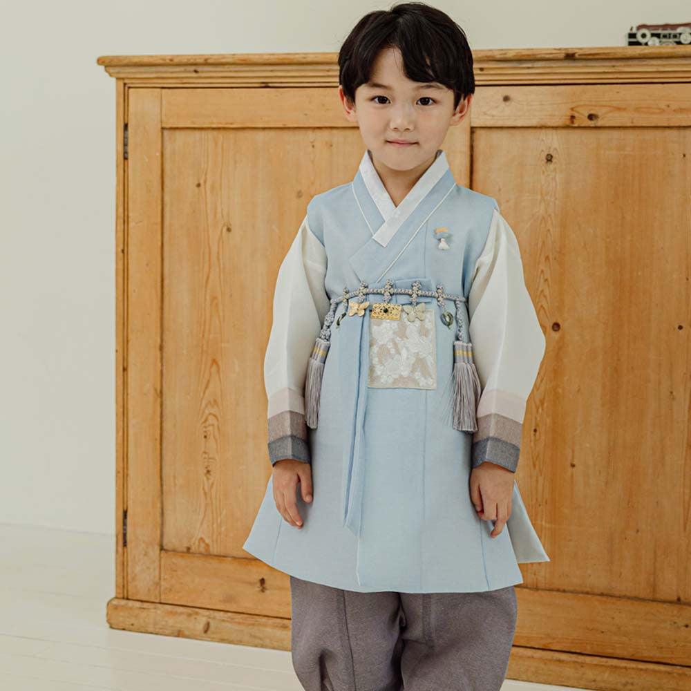 Yusin Sky Stripe Brown-Gray Boy Hanbok (100D-10YR) - Native Korean