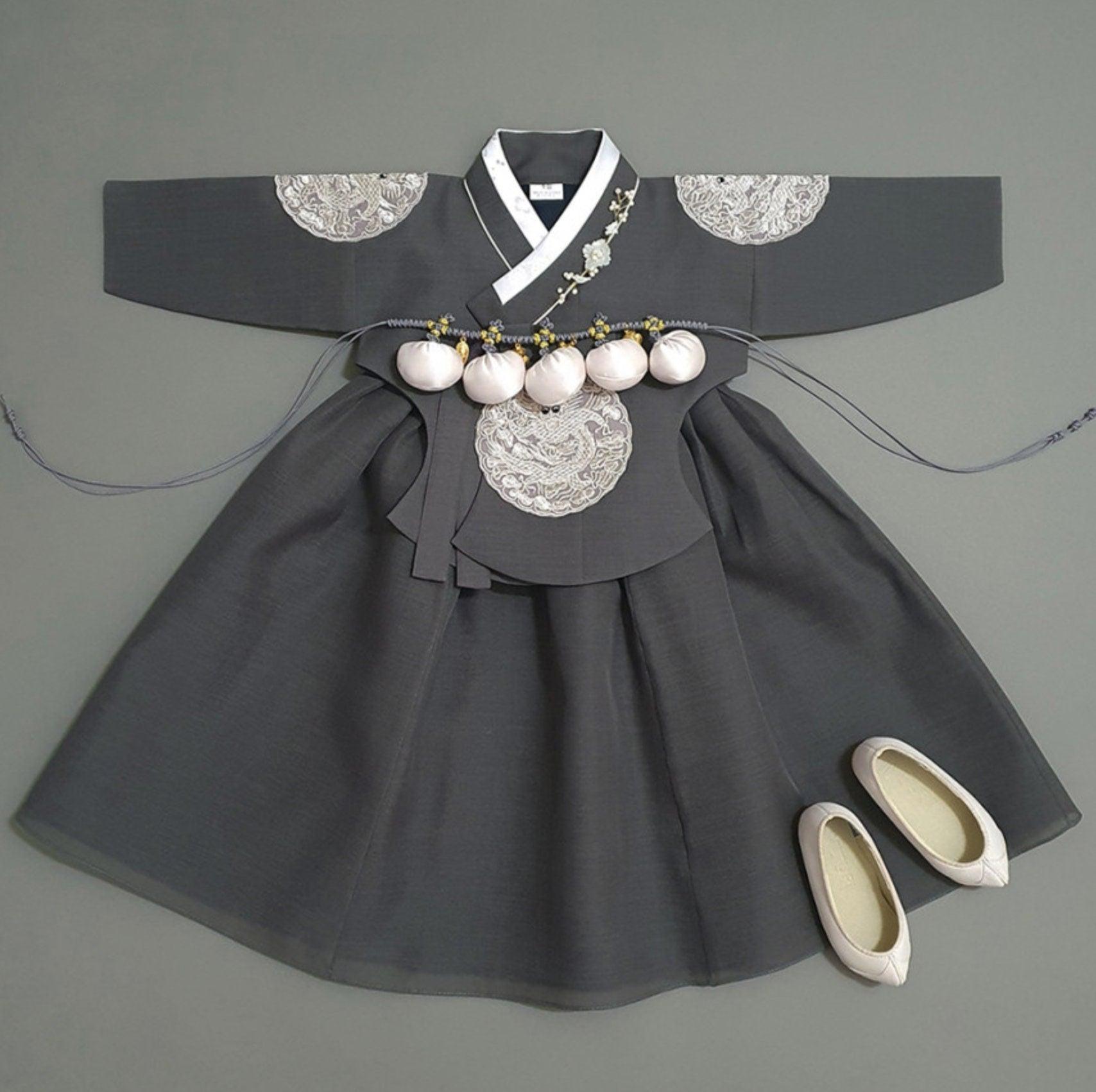 Hyunbi Gray Embroidery Gray Girl Hanbok (100D-10YR) - Native Korean