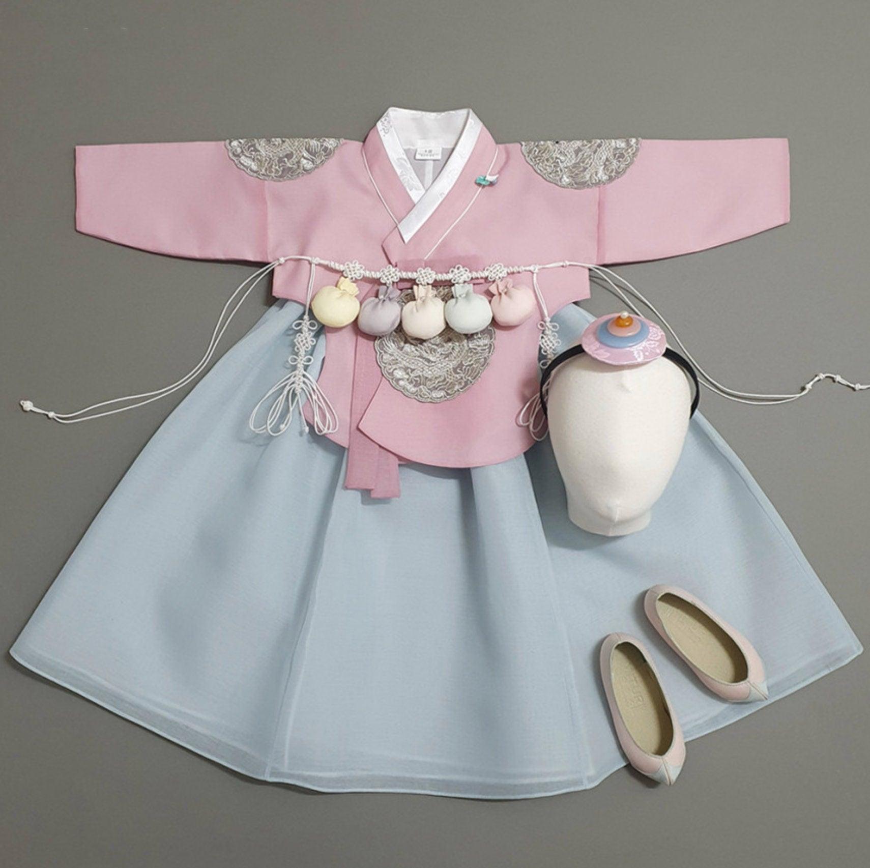 Hyunbi Gray Embroidery Pink Girl Hanbok (100D-10YR) - Native Korean