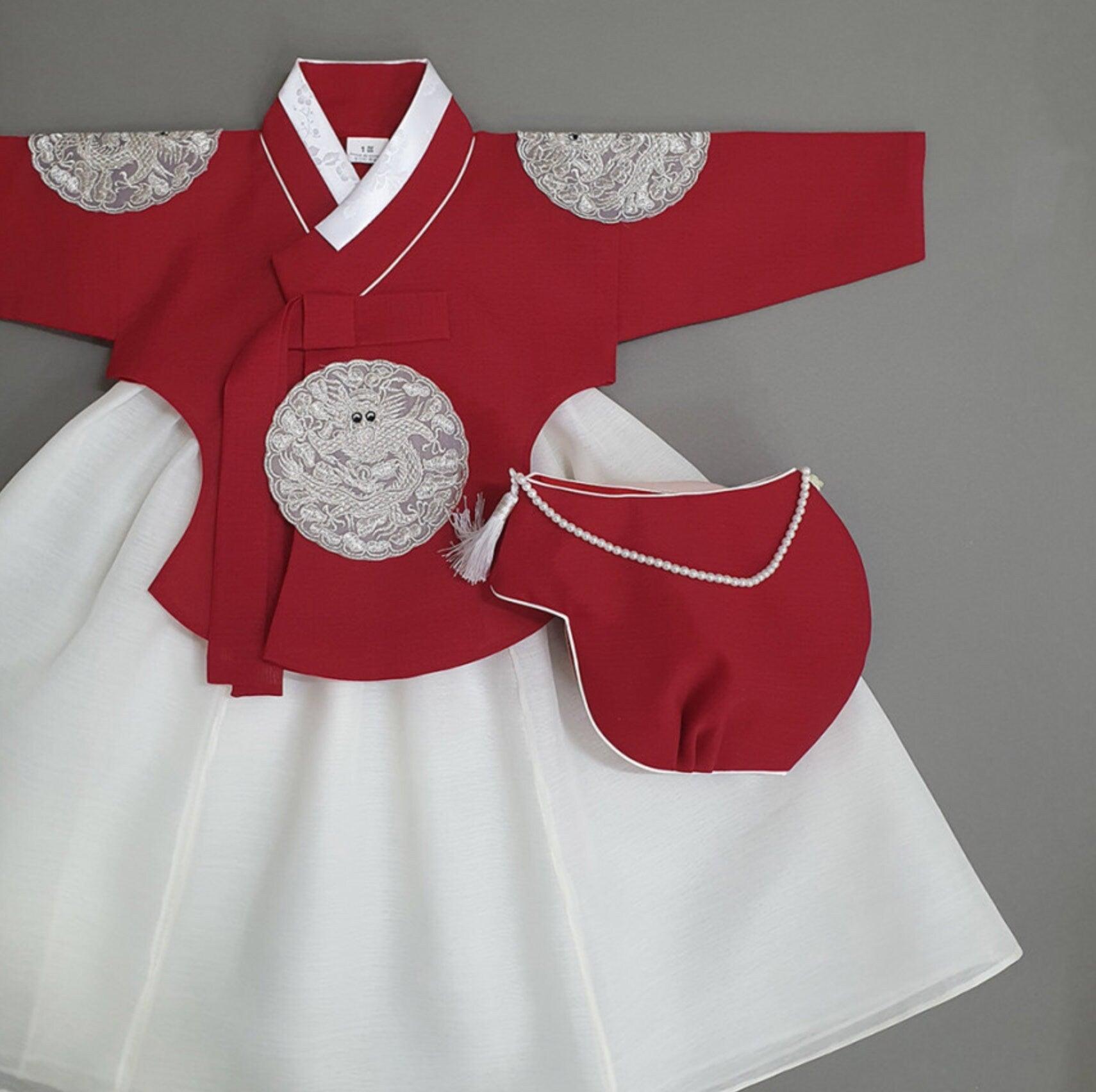 Hyunbi Gray Embroidery Red Girl Hanbok (100D-10YR) - Native Korean