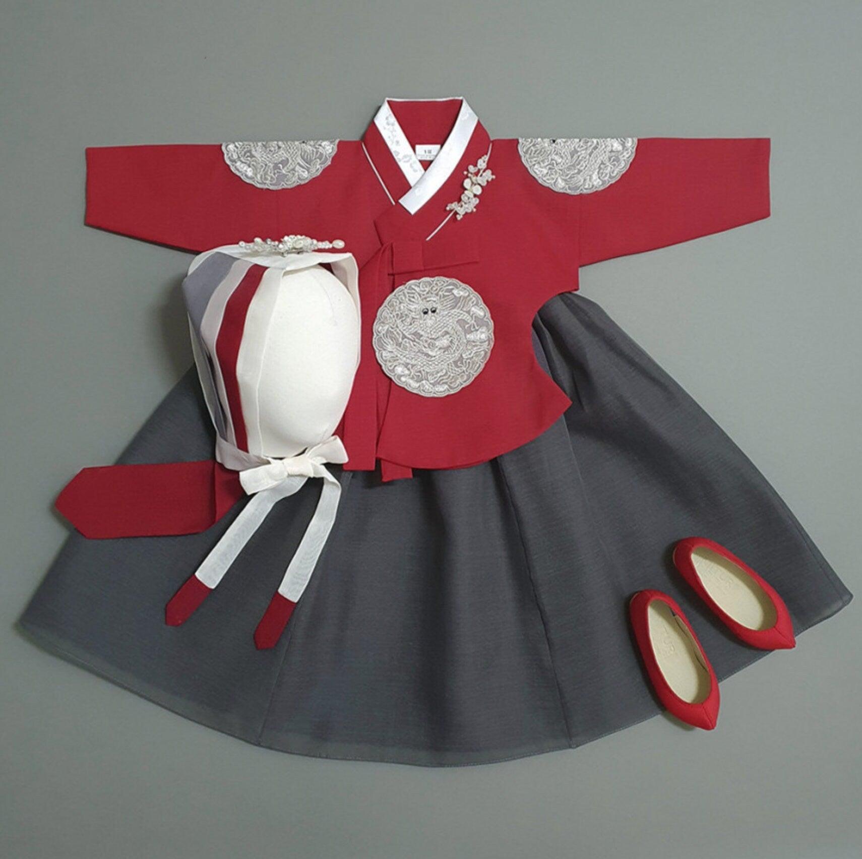 Hyunbi Gray Embroidery Red Girl Hanbok (100D-10YR) - Native Korean