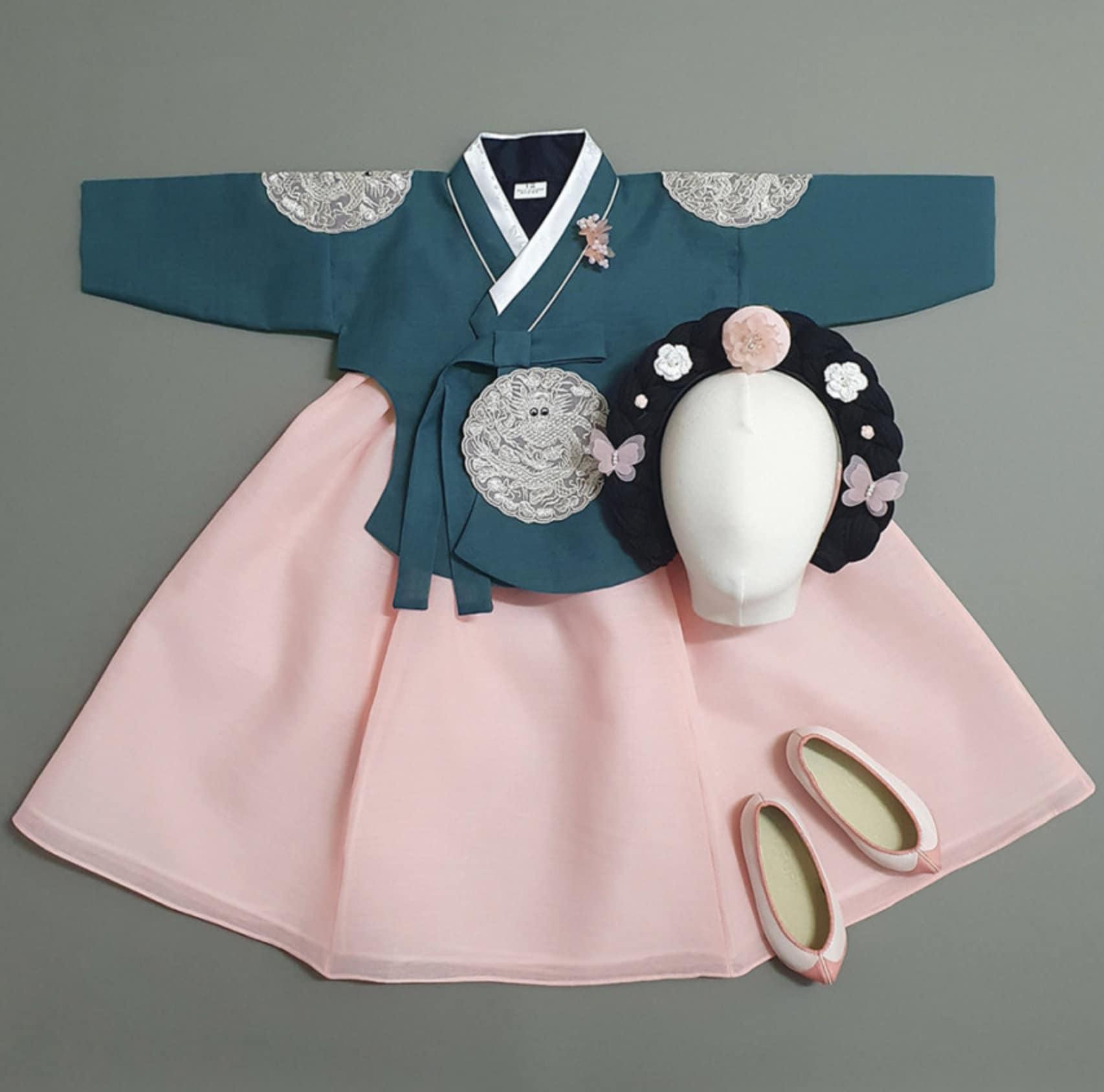 Hyunbi Gray Embroidery Teal Girl Hanbok (100D-10YR) - Native Korean