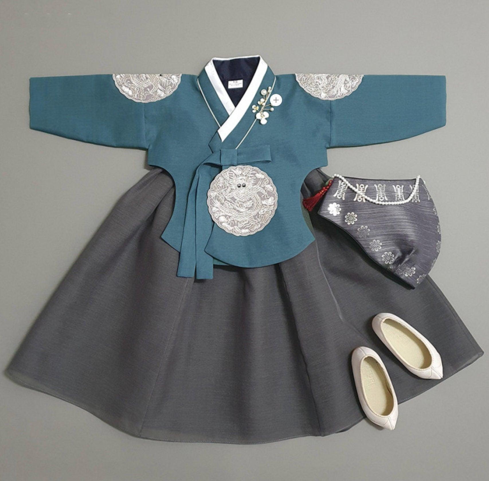 Hyunbi Gray Embroidery Teal Girl Hanbok (100D-10YR) - Native Korean