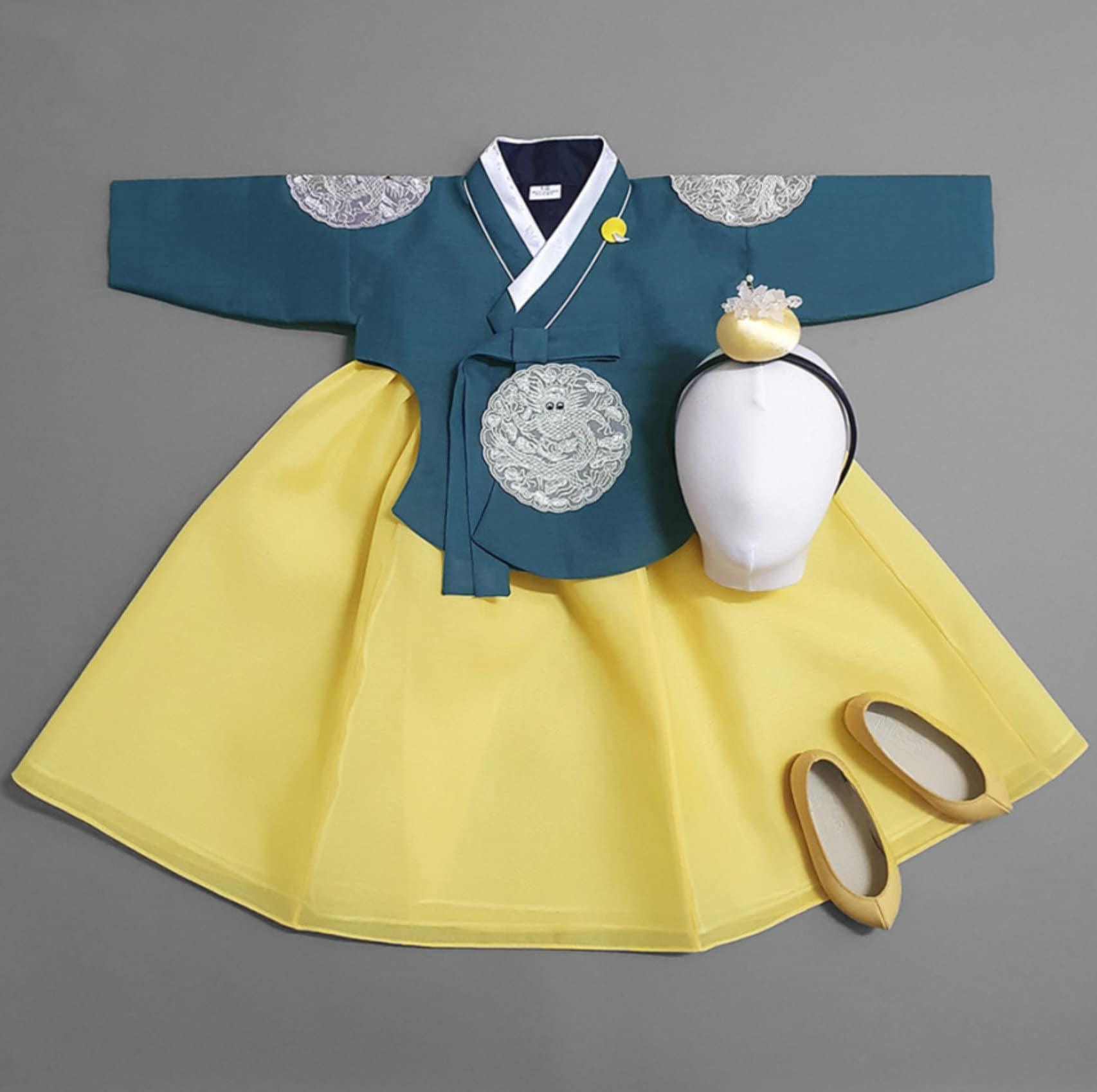 Hyunbi Gray Embroidery Teal Girl Hanbok (100D-10YR) - Native Korean