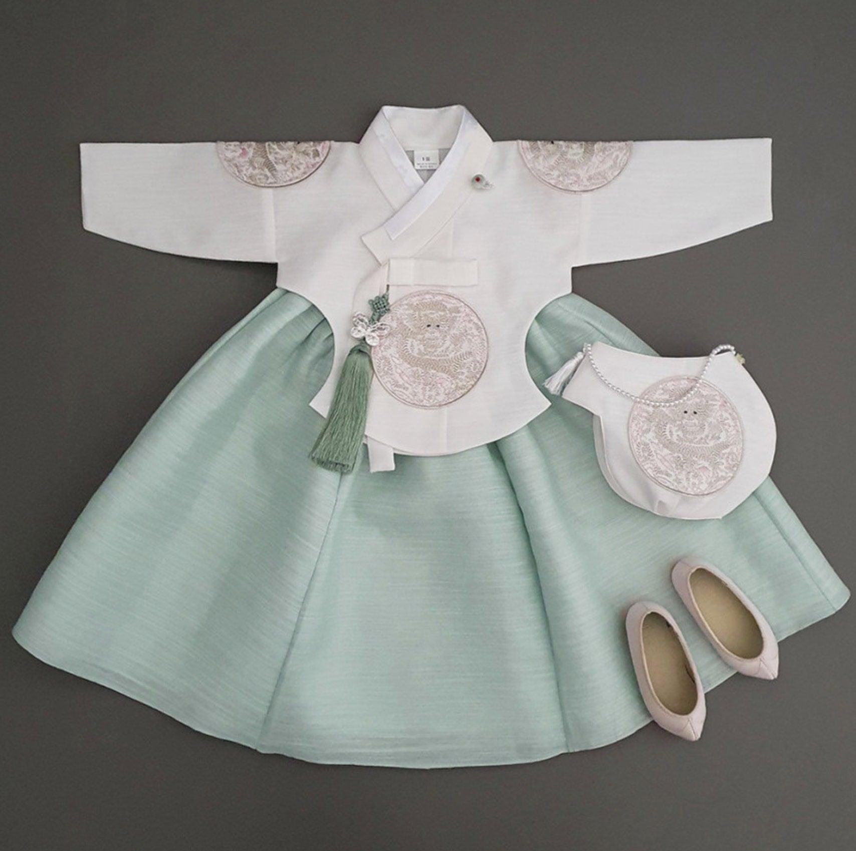 Hyunbi Silver Embroidery Mint Girl Hanbok (100D-1YR) - Native Korean