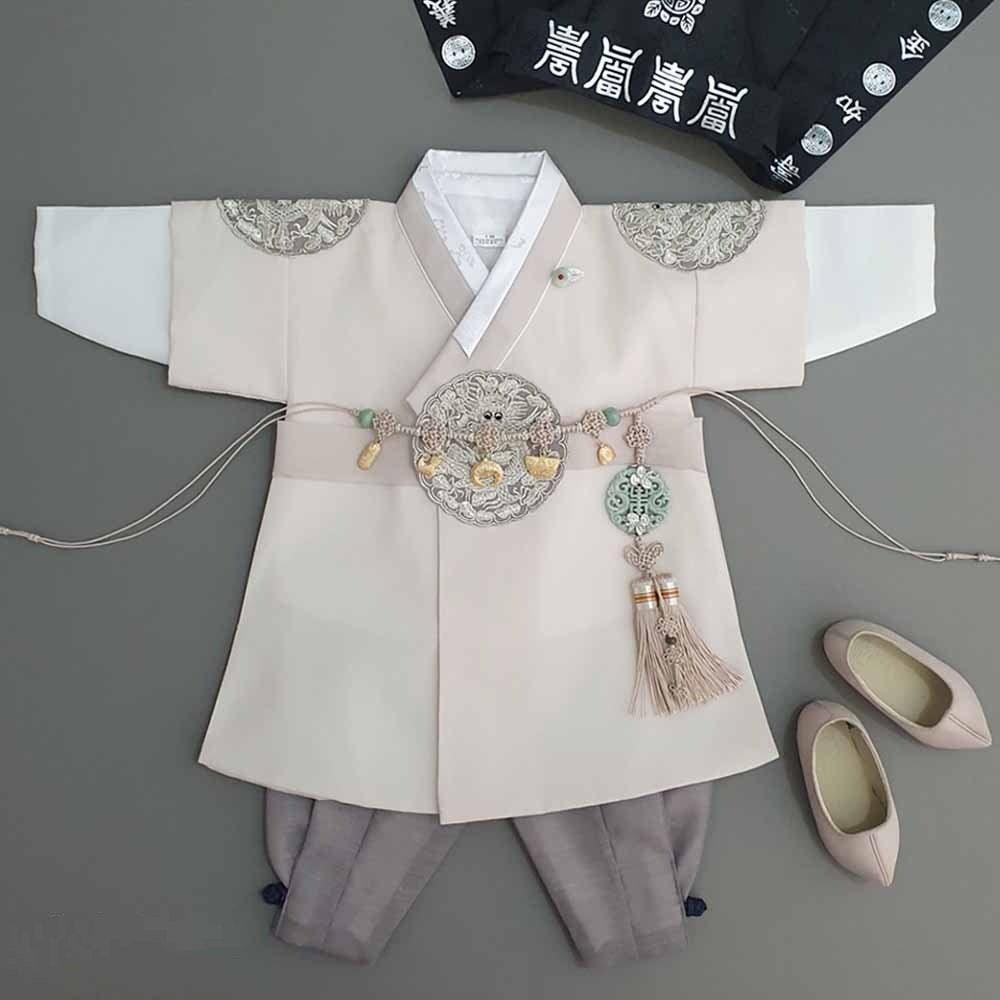 Hyungoon Gray Embroidery Beige Boy Hanbok (100D-10YR) - Native Korean