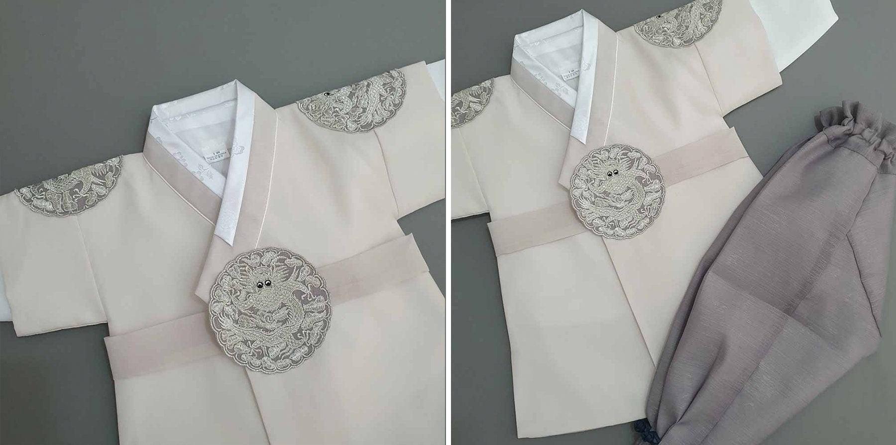 Hyungoon Gray Embroidery Beige Boy Hanbok (100D-10YR) - Native Korean