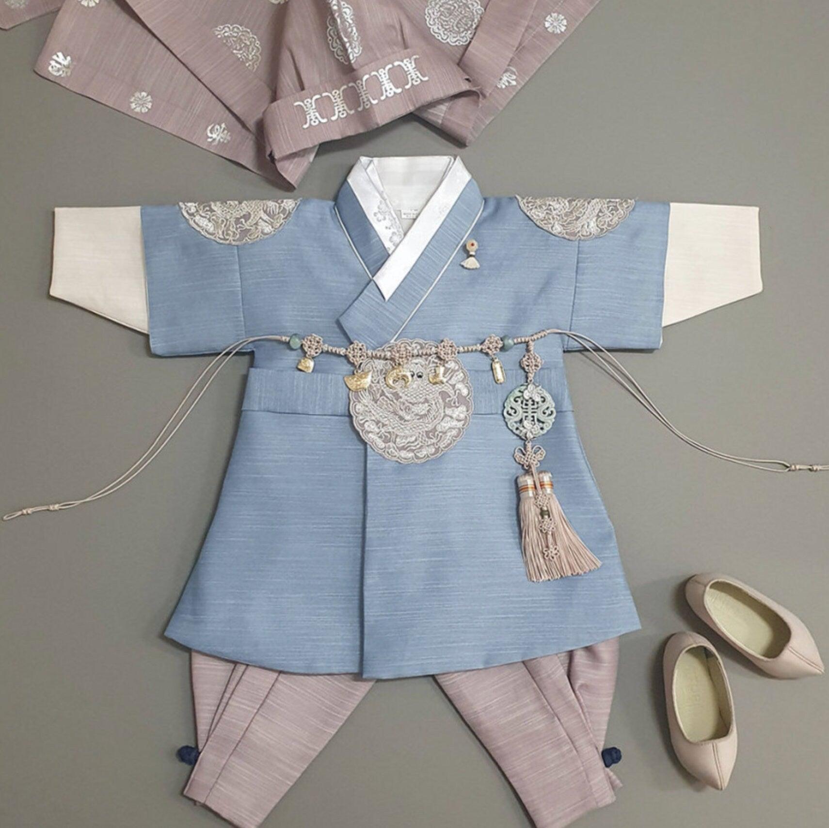 Hyungoon Gray Embroidery Light Blue Boy Hanbok (100D-10YR) - Native Korean