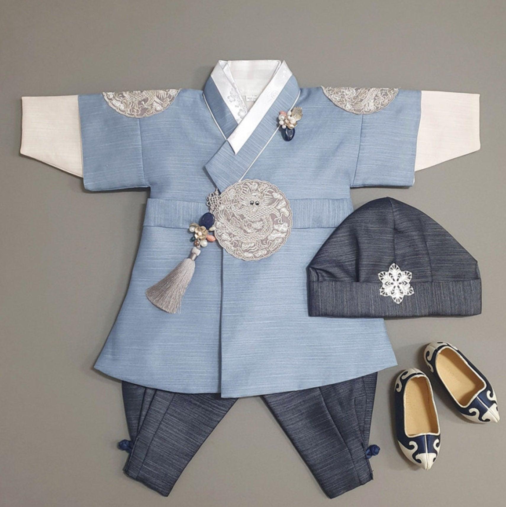 Hyungoon Gray Embroidery Light Blue Boy Hanbok (100D-10YR) - Native Korean