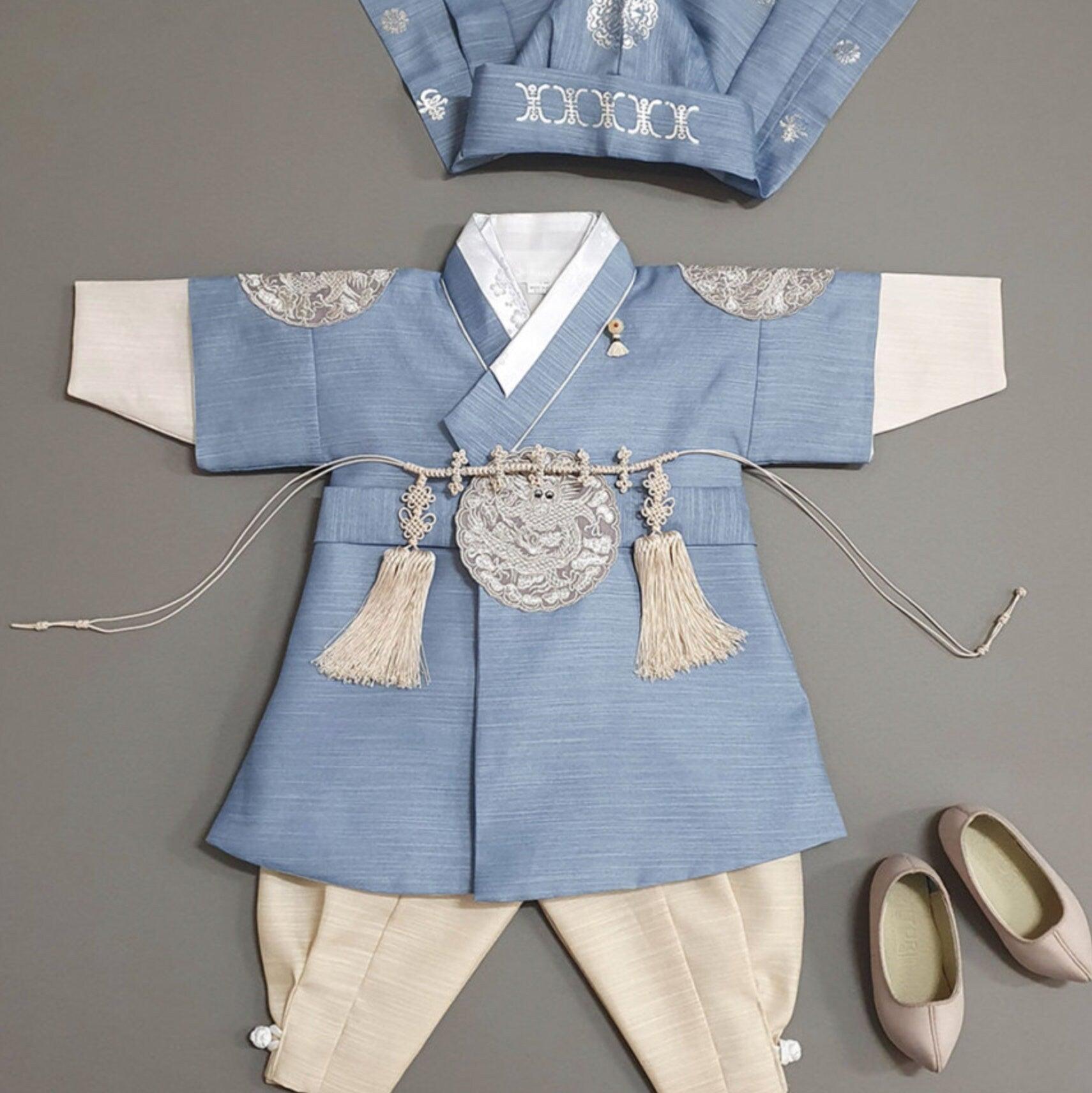 Hyungoon Gray Embroidery Light Blue Boy Hanbok (100D-10YR) - Native Korean