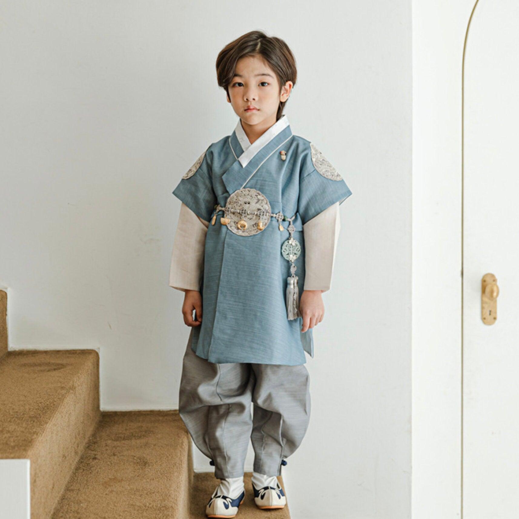 Hyungoon Gray Embroidery Light Blue Gray Boy Hanbok (100D-10YR) - Native Korean