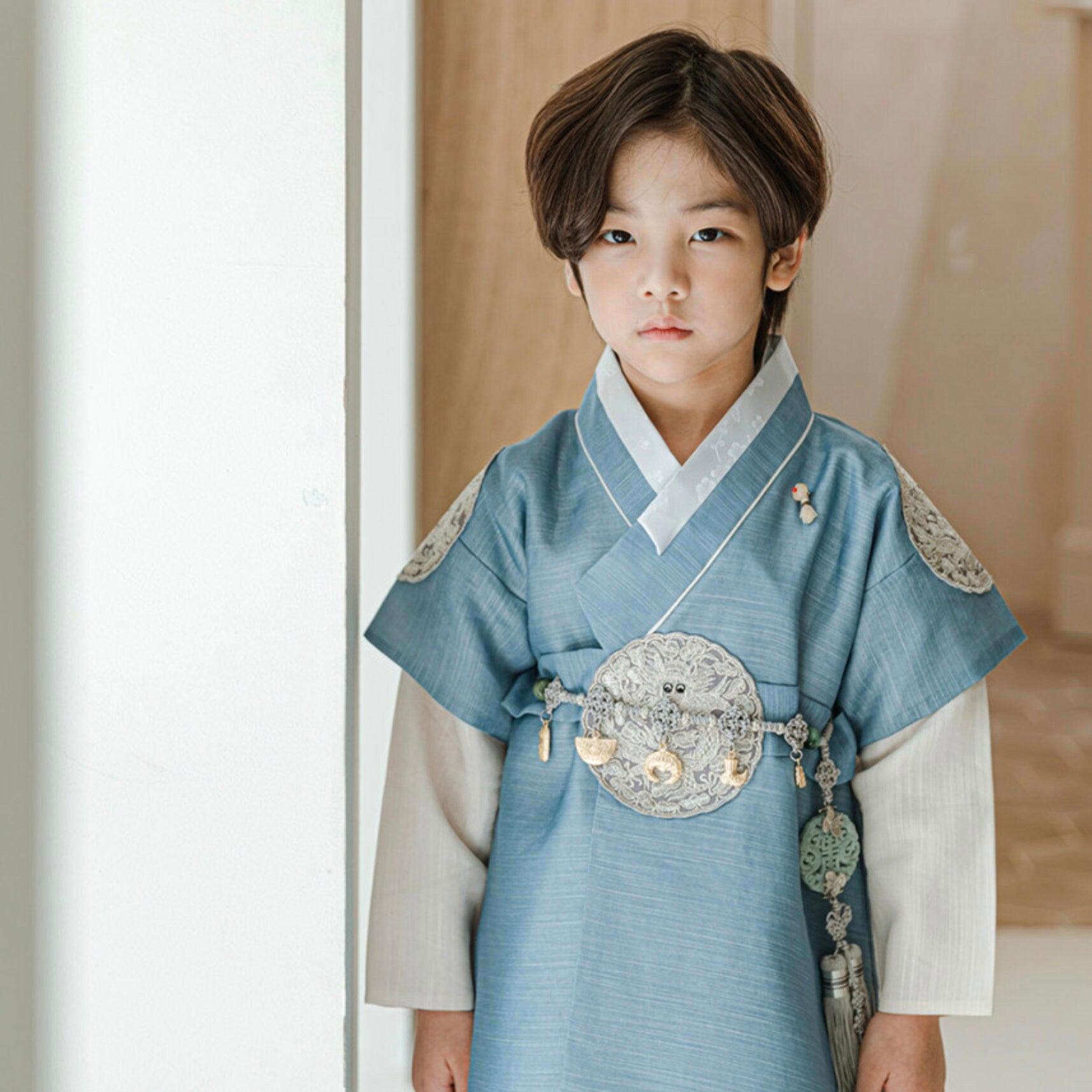 Hyungoon Gray Embroidery Light Blue Gray Boy Hanbok (100D-10YR) - Native Korean