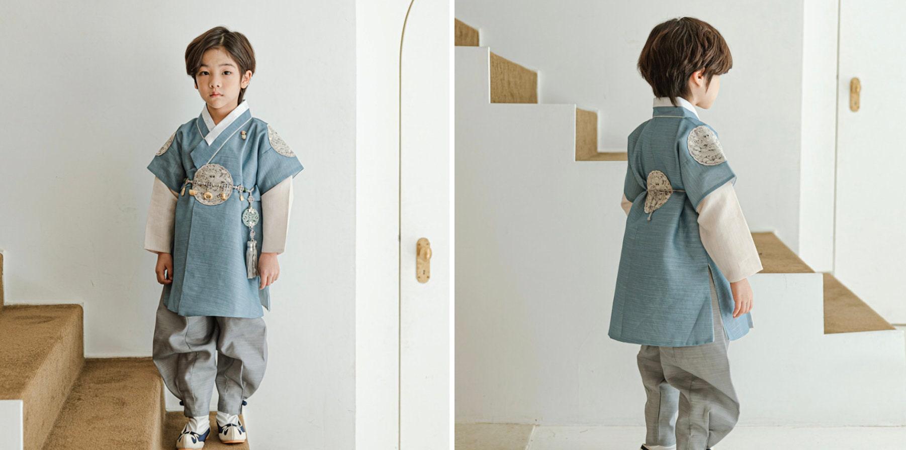 Hyungoon Gray Embroidery Light Blue Gray Boy Hanbok (100D-10YR) - Native Korean