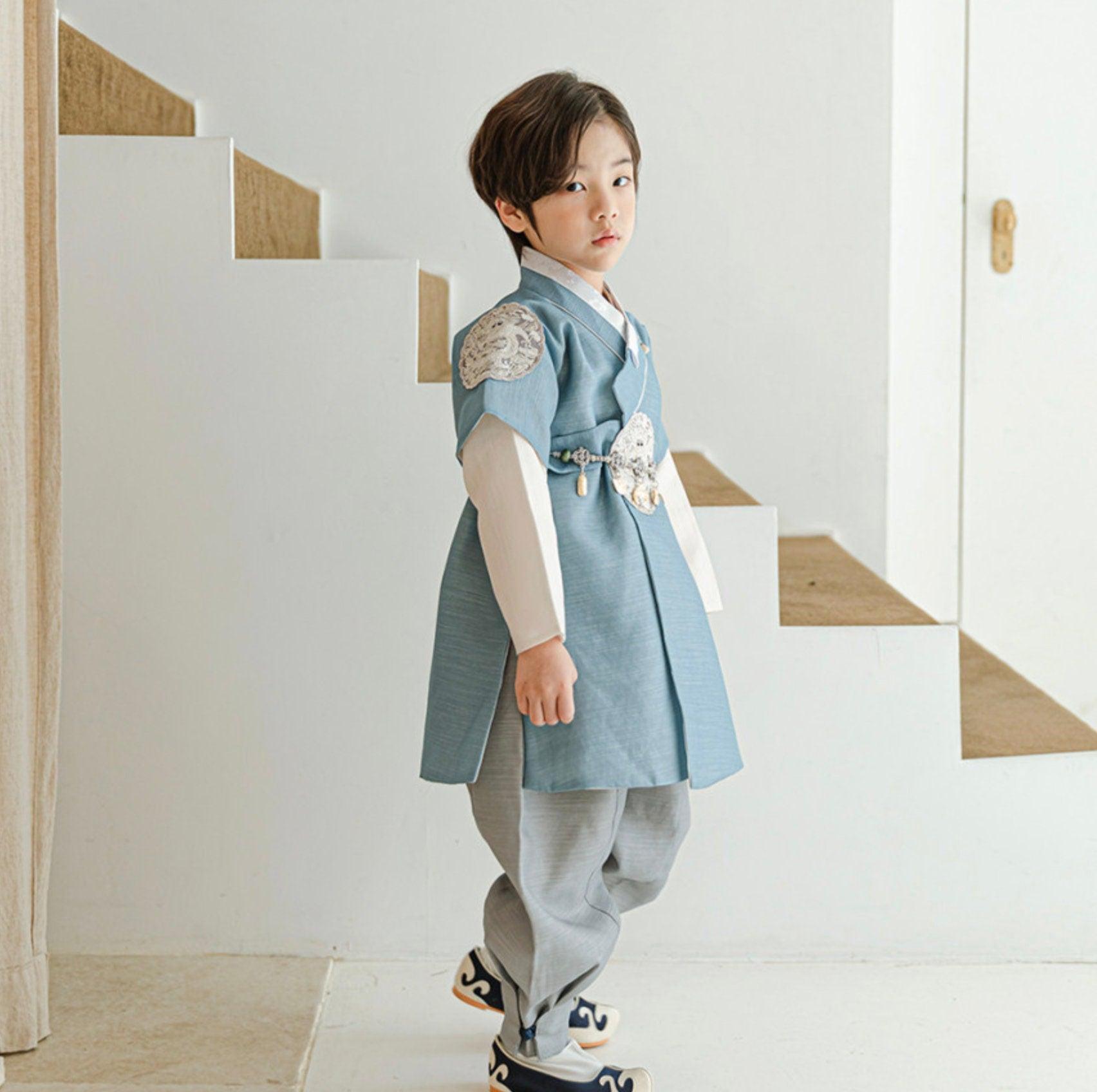 Hyungoon Gray Embroidery Light Blue Gray Boy Hanbok (100D-10YR) - Native Korean
