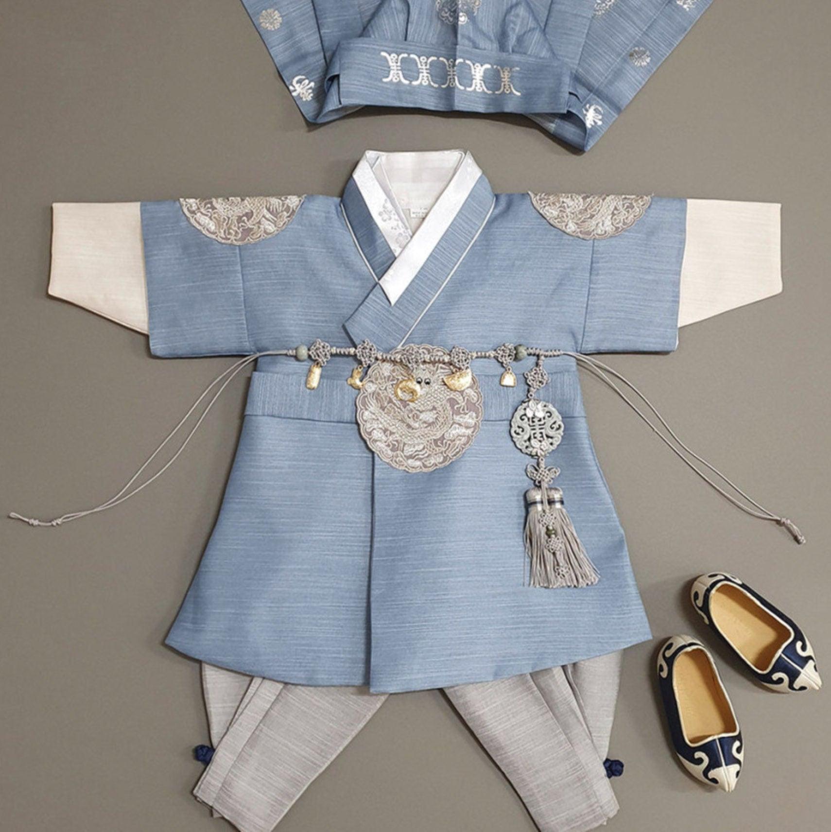 Hyungoon Gray Embroidery Light Blue Gray Boy Hanbok (100D-10YR) - Native Korean