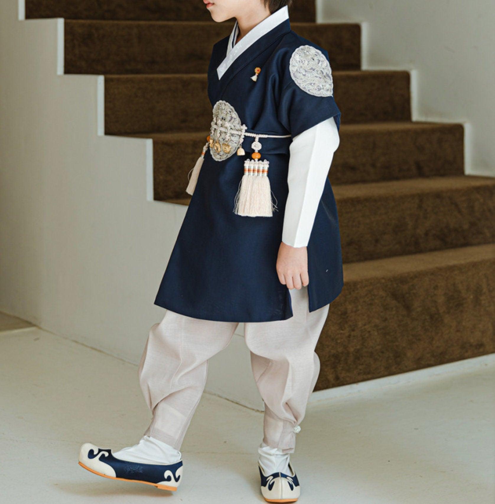 Hyungoon Gray Embroidery Navy Beige Boy Hanbok (100D-10YR) - Native Korean