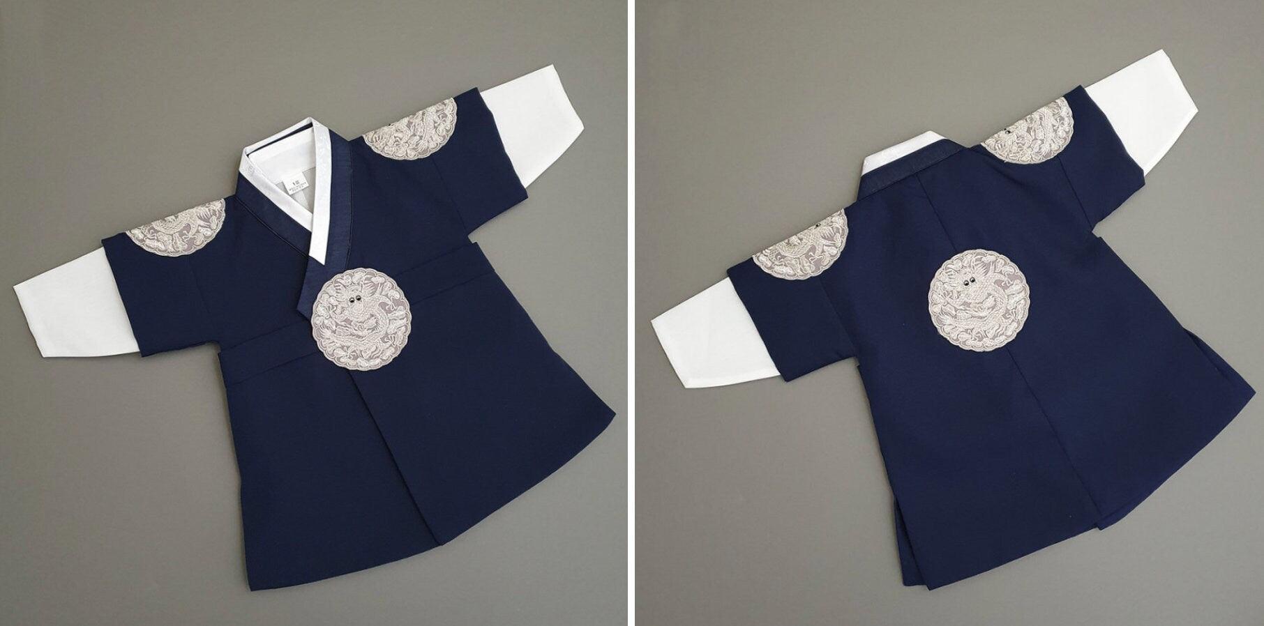 Hyungoon Gray Embroidery Navy Beige Boy Hanbok (100D-10YR) - Native Korean