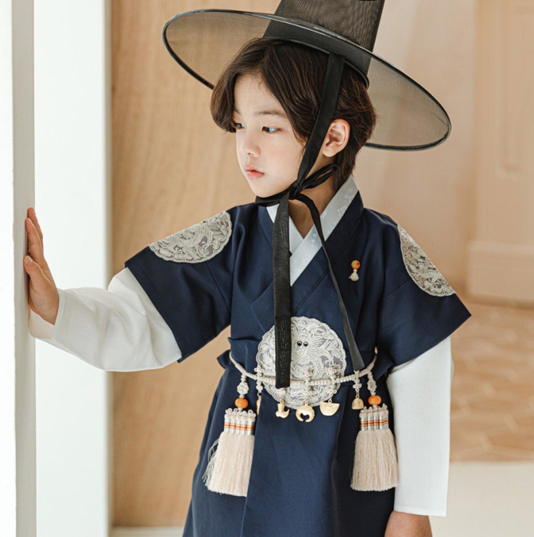 Hyungoon Gray Embroidery Navy Beige Boy Hanbok (100D-10YR) - Native Korean