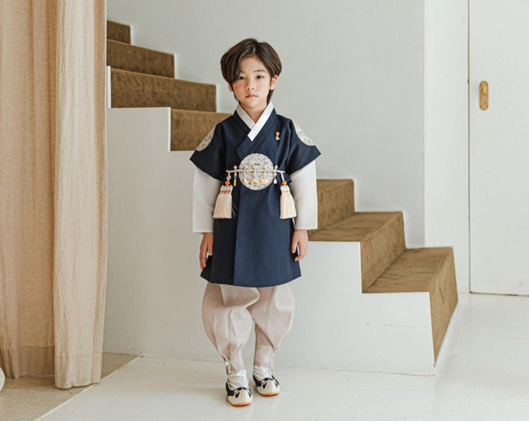 Hyungoon Gray Embroidery Navy Beige Boy Hanbok (100D-10YR) - Native Korean