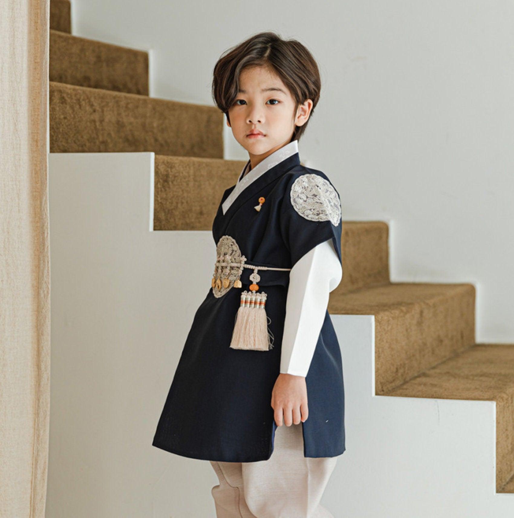 Hyungoon Gray Embroidery Navy Beige Boy Hanbok (100D-10YR) - Native Korean