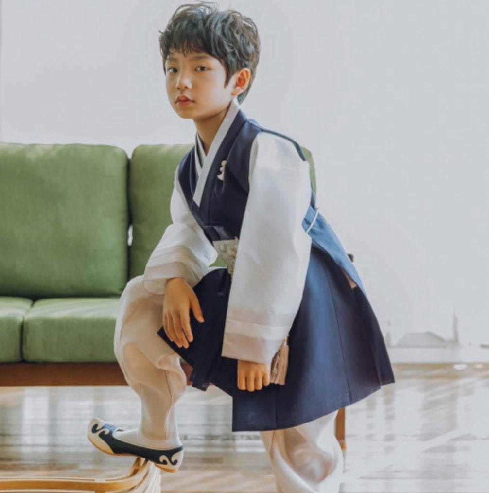 Hyunsoo Navy Stripe Beige Boy Hanbok (100D-15YR) - Native Korean
