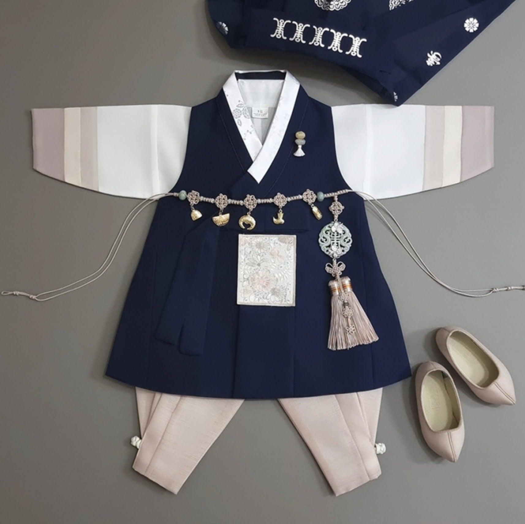 Hyunsoo Navy Stripe Beige Boy Hanbok (100D-15YR) - Native Korean