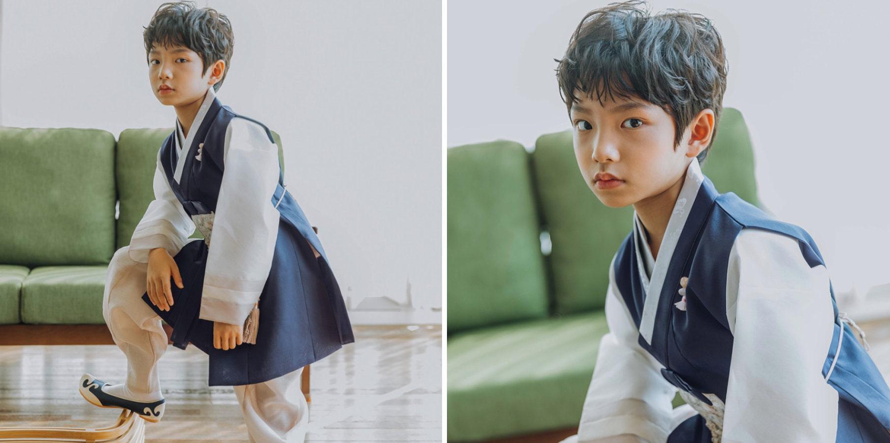 Hyunsoo Navy Stripe Beige Boy Hanbok (100D-15YR) - Native Korean