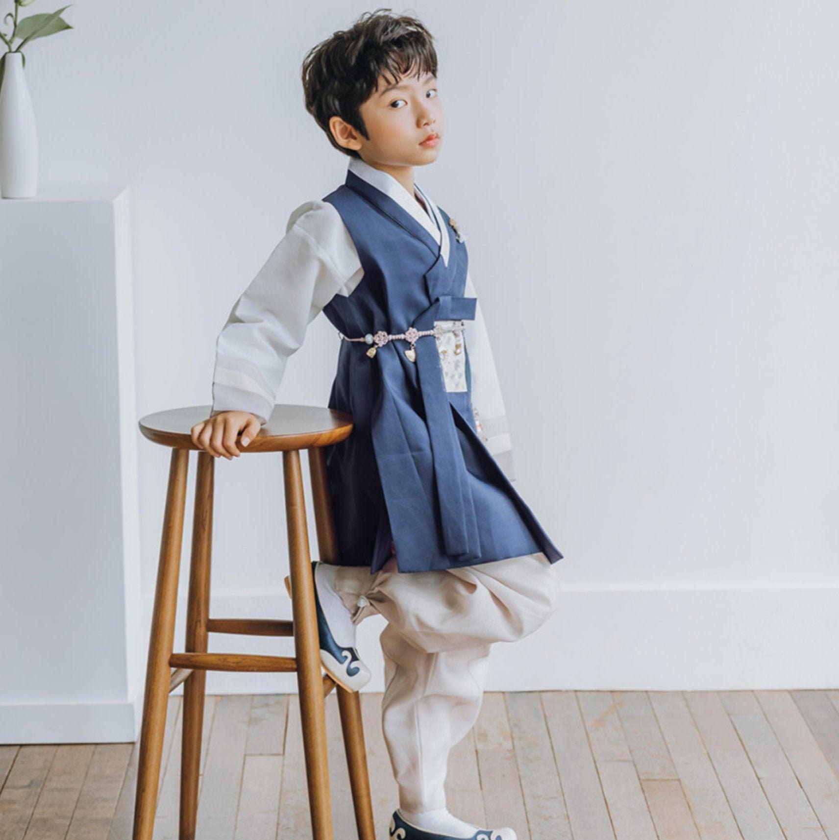 Hyunsoo Navy Stripe Beige Boy Hanbok (100D-15YR) - Native Korean