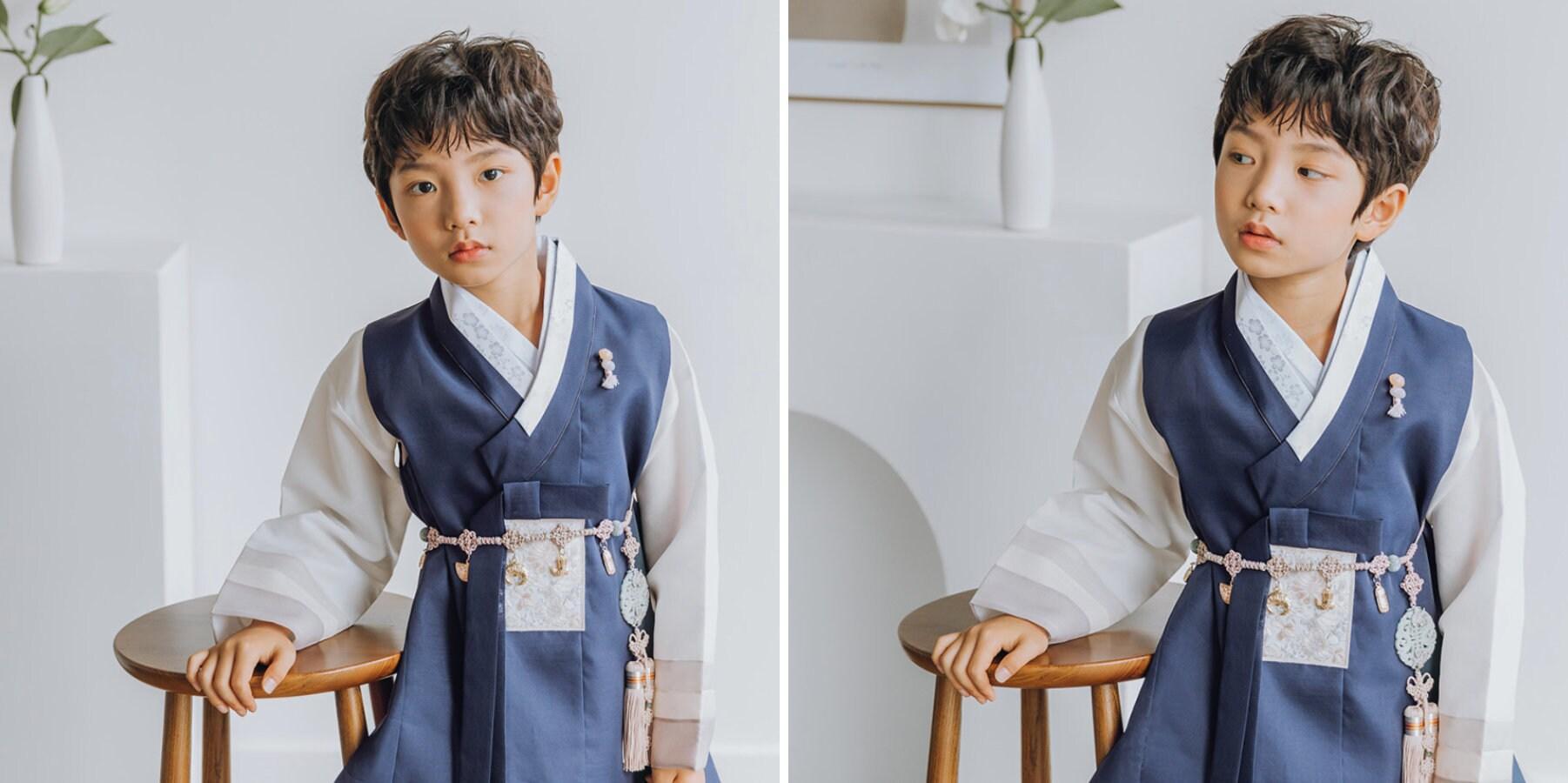 Hyunsoo Navy Stripe Beige Boy Hanbok (100D-15YR) - Native Korean