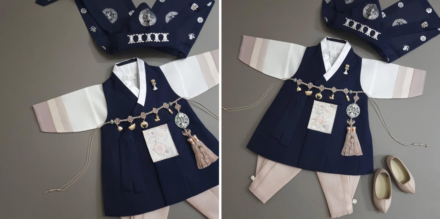 Hyunsoo Navy Stripe Beige Boy Hanbok (100D-15YR) - Native Korean