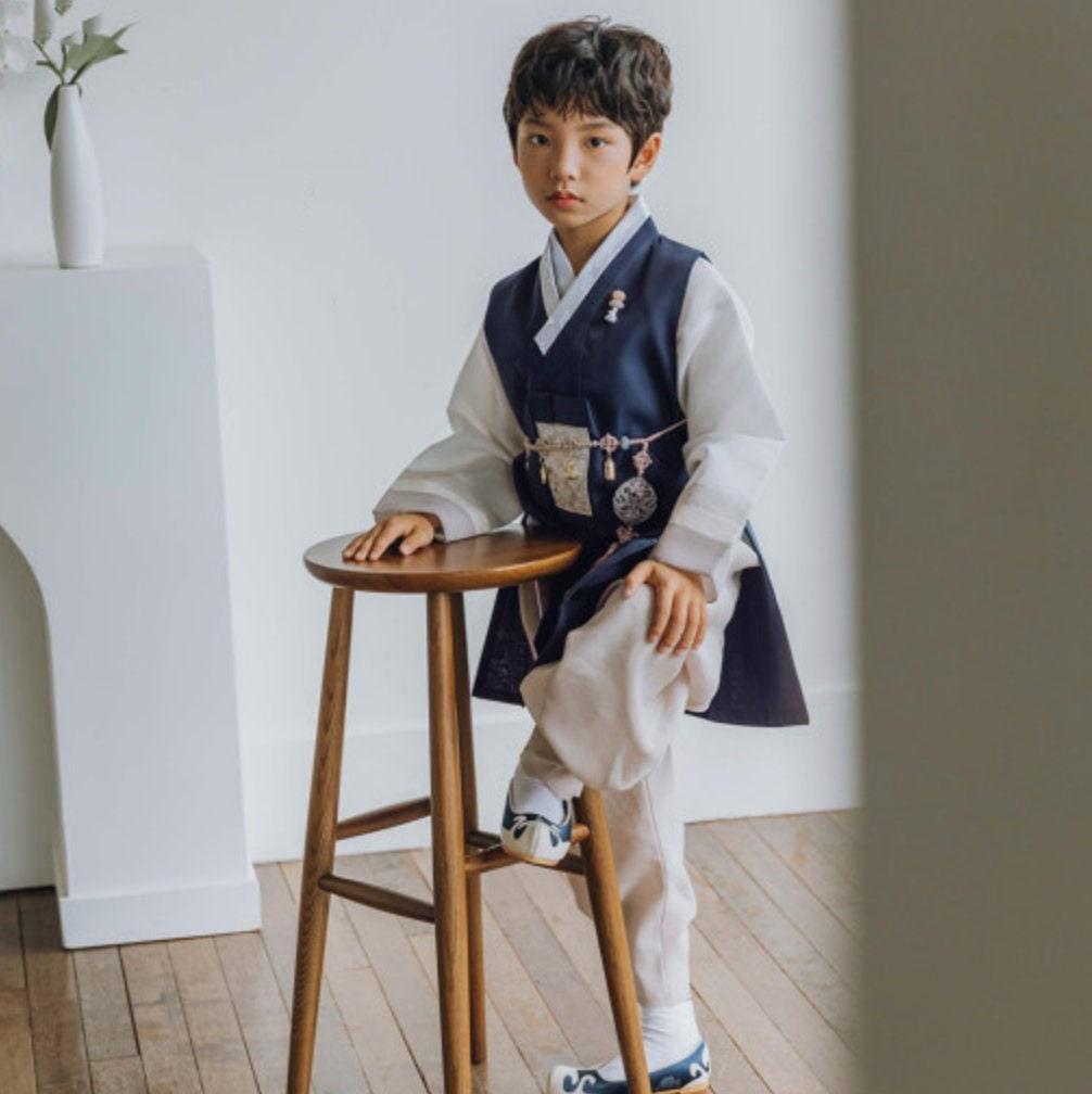 Hyunsoo Navy Stripe Beige Boy Hanbok (100D-15YR) - Native Korean