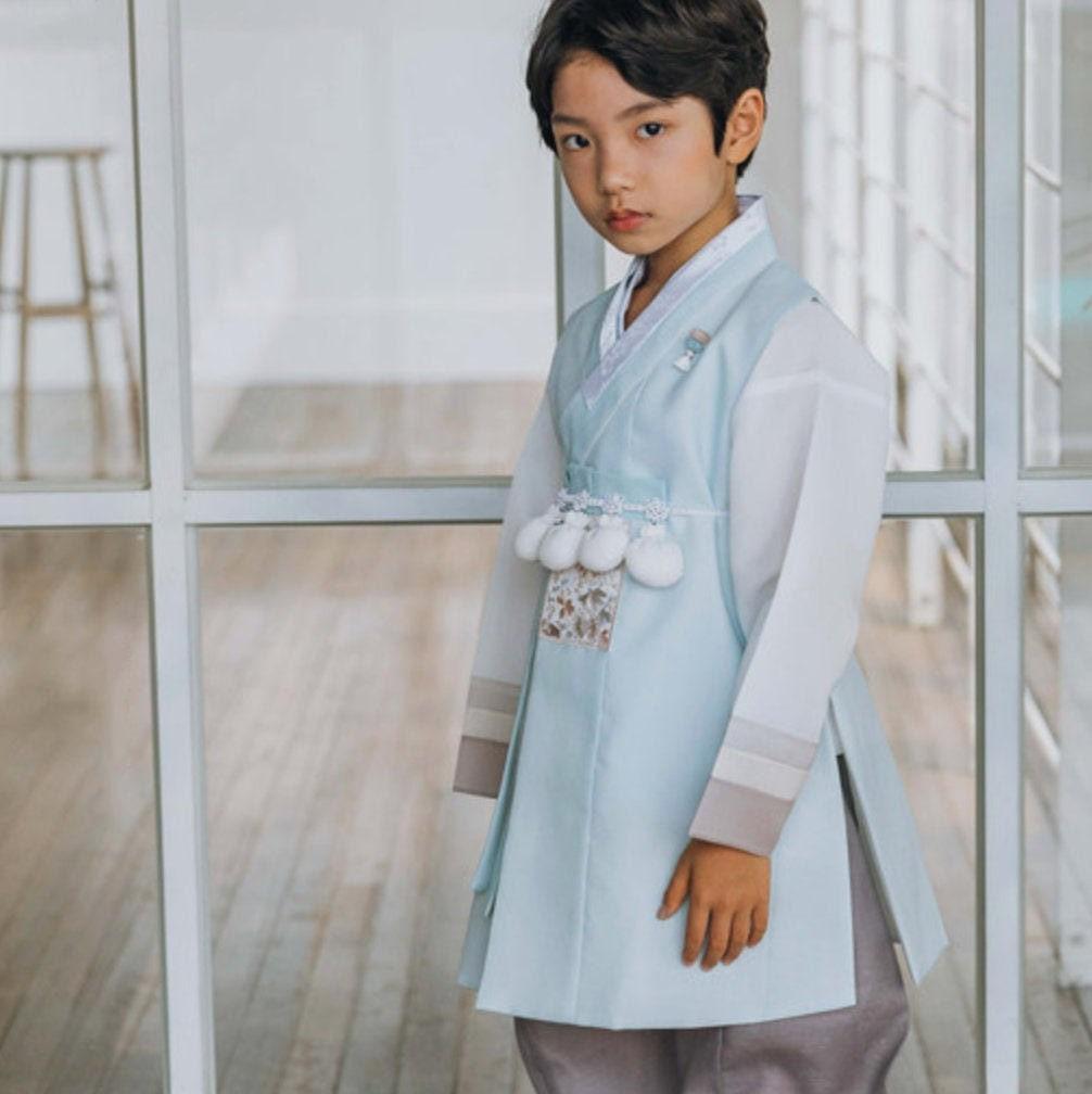 Hyunsoo Sky Stripe Gray Boy Hanbok (100D-10YR) - Native Korean