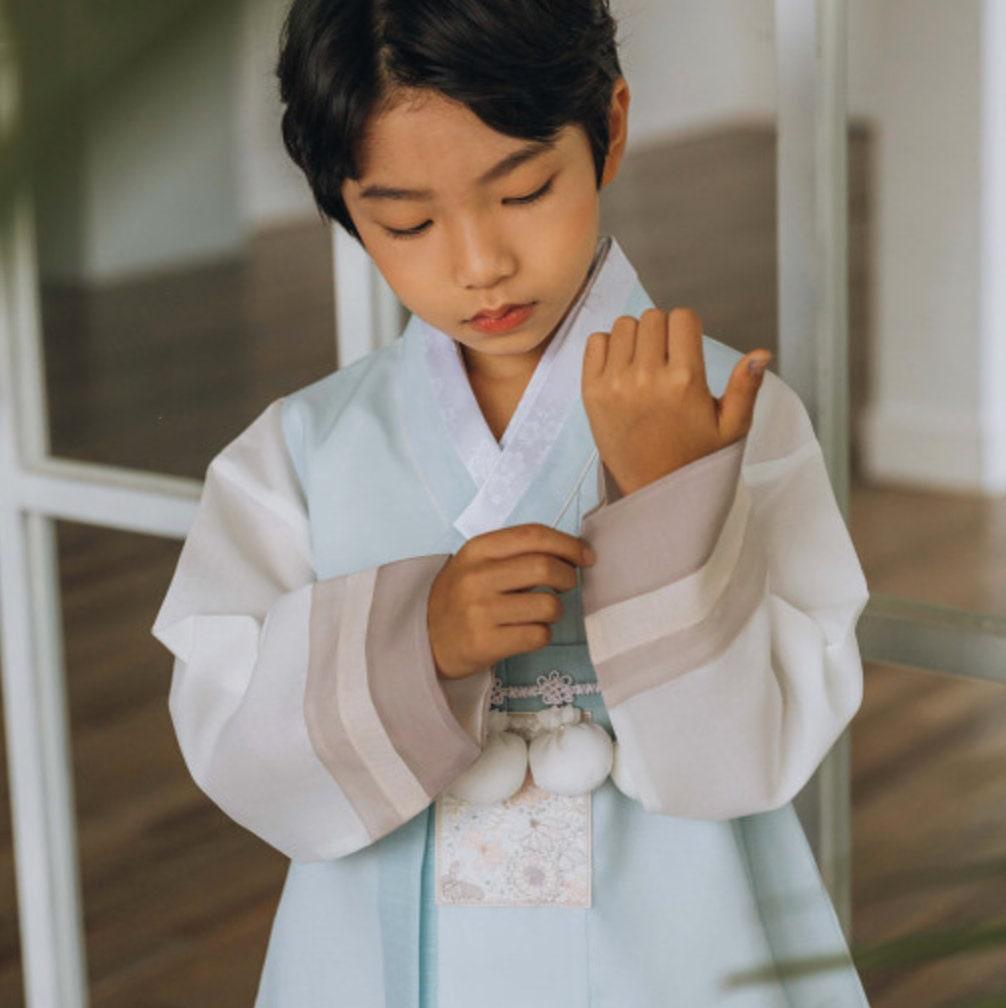Hyunsoo Sky Stripe Gray Boy Hanbok (100D-10YR) - Native Korean