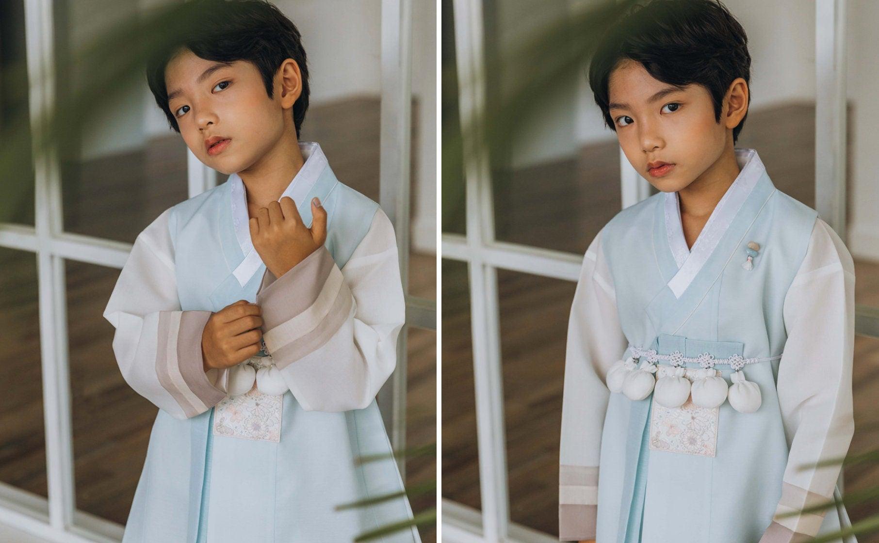 Hyunsoo Sky Stripe Gray Boy Hanbok (100D-10YR) - Native Korean
