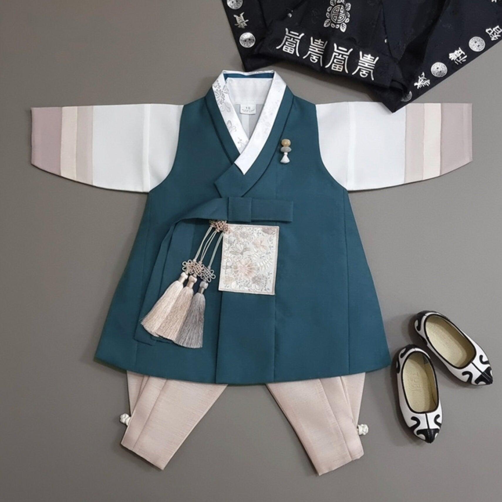 Hyunsoo Teal Stripe Boy Hanbok (100D-10YR) - Native Korean