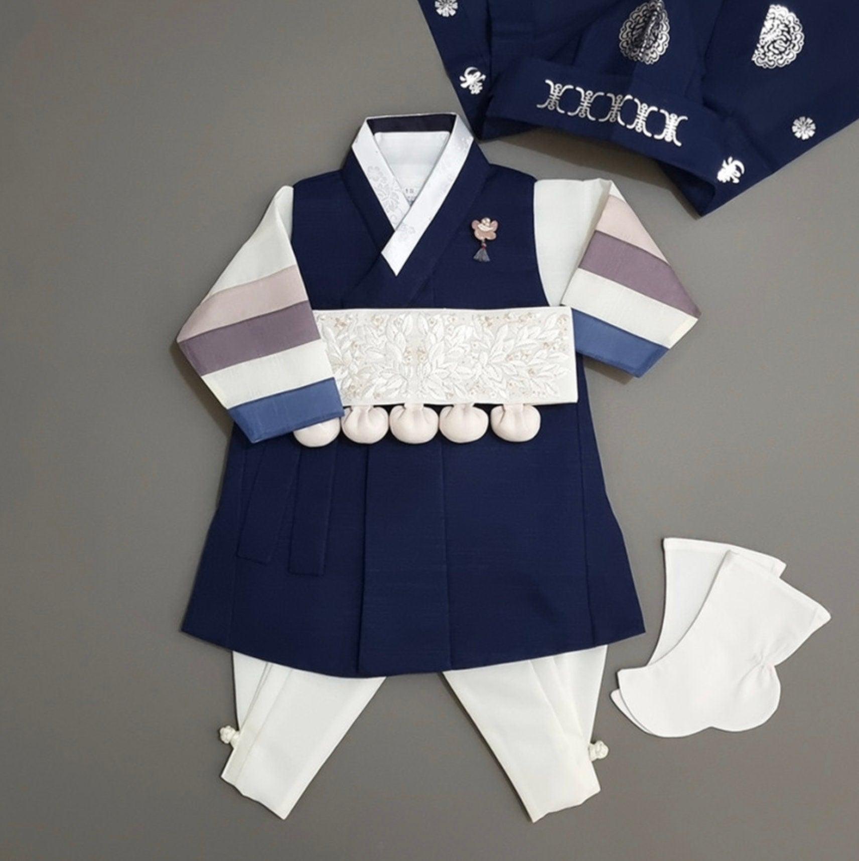 Indong Navy Ivory Stripe Boy Hanbok (100D-10YR) - Native Korean