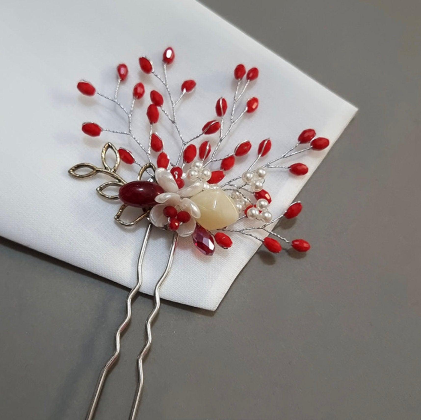Red Pearl Flower U Shape Hairpin - Native Korean