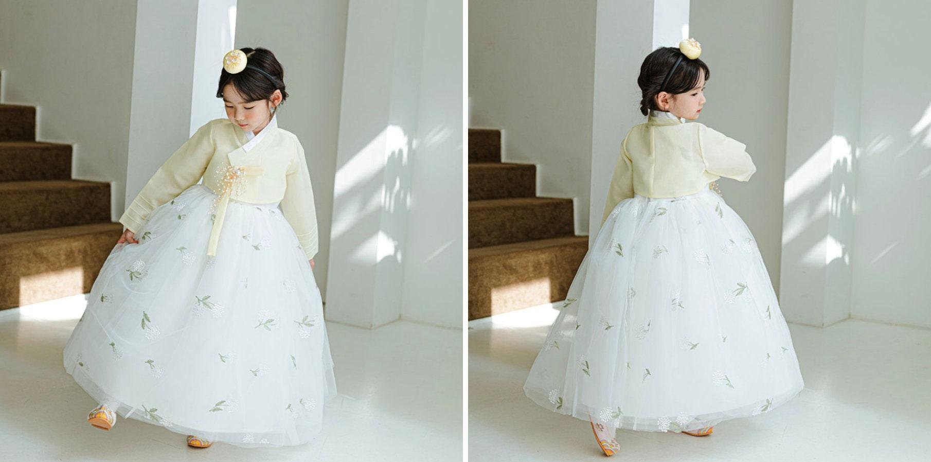 Xia Yellow White Dress Girl Hanbok (100D-8YR) - Native Korean