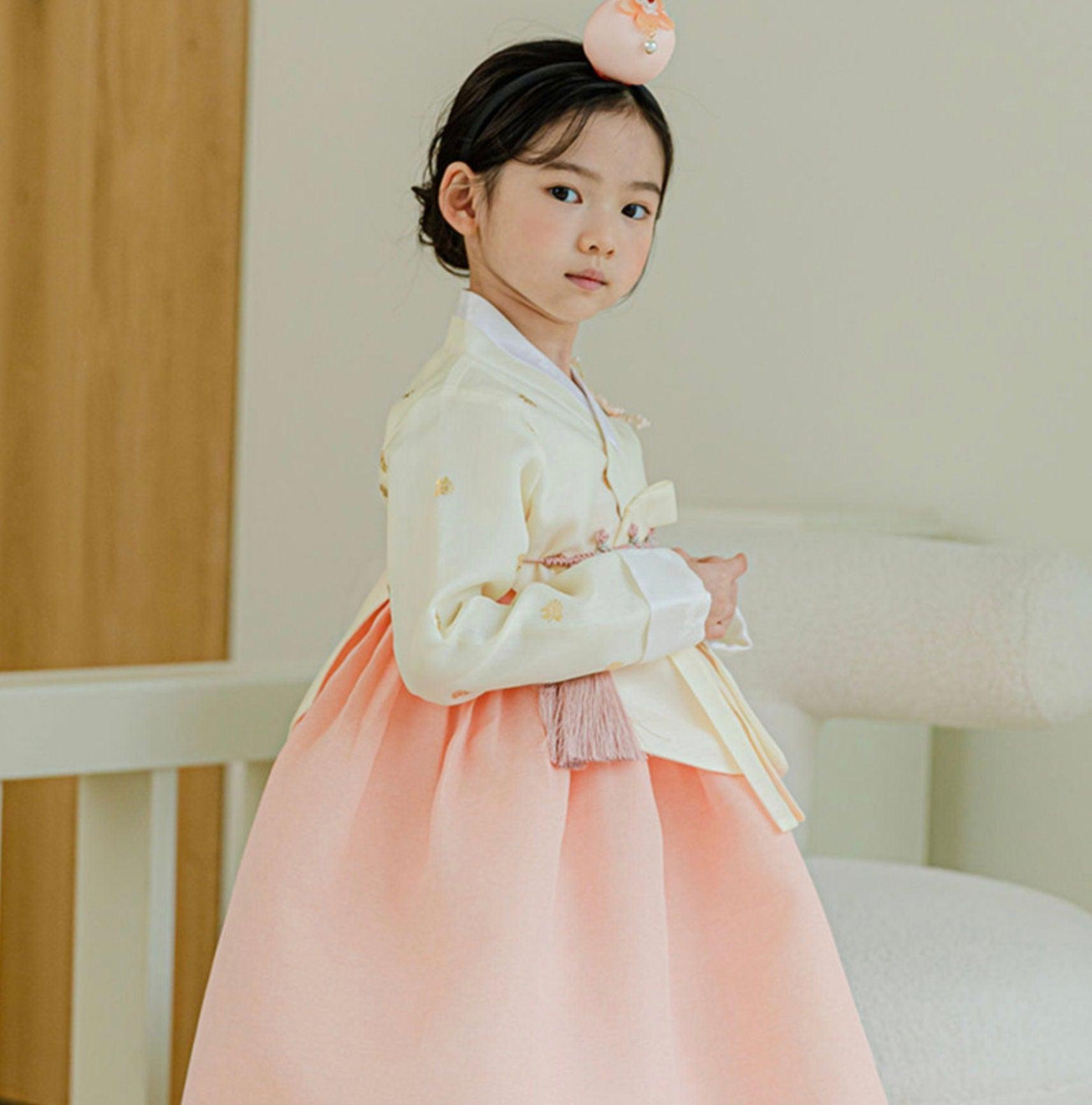 Yebon Gold Foil Yellow Coral Girl Hanbok (1-9YR) - Native Korean