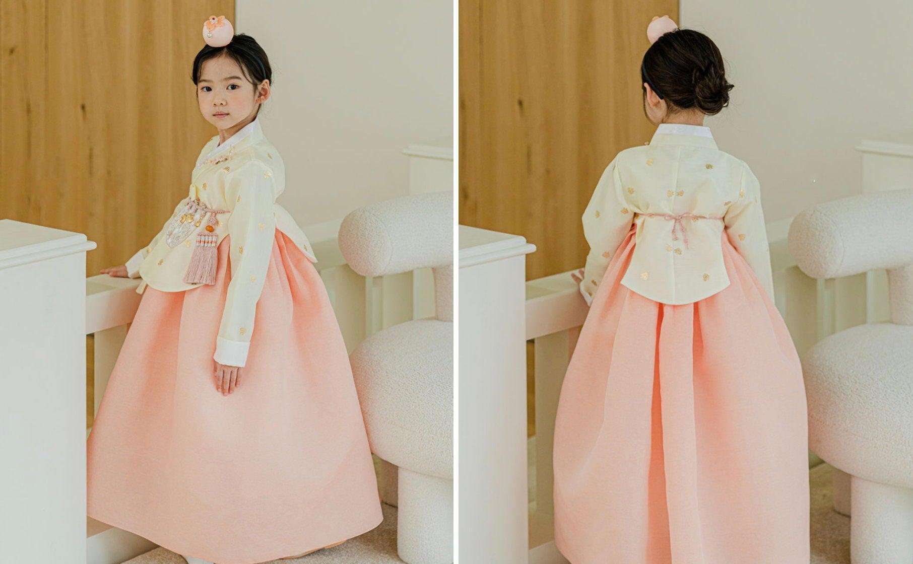 Yebon Gold Foil Yellow Coral Girl Hanbok (1-9YR) - Native Korean