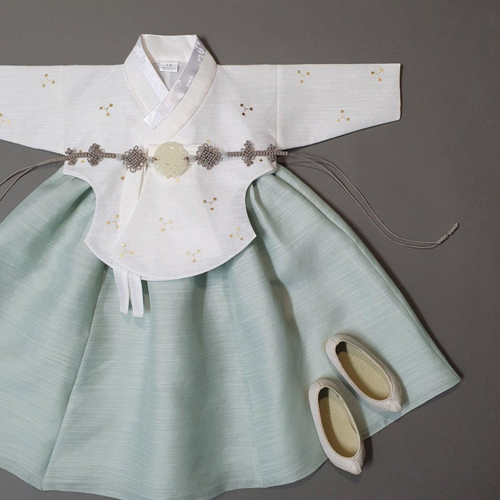 Yejin Gold foil Ivory Dangui Mint Skirt Girl Hanbok (100D-15YR) - Native Korean