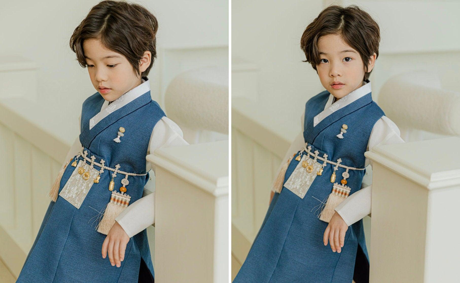 Yusin Blue Beige Solid Boy Hanbok (100D-15YR) - Native Korean
