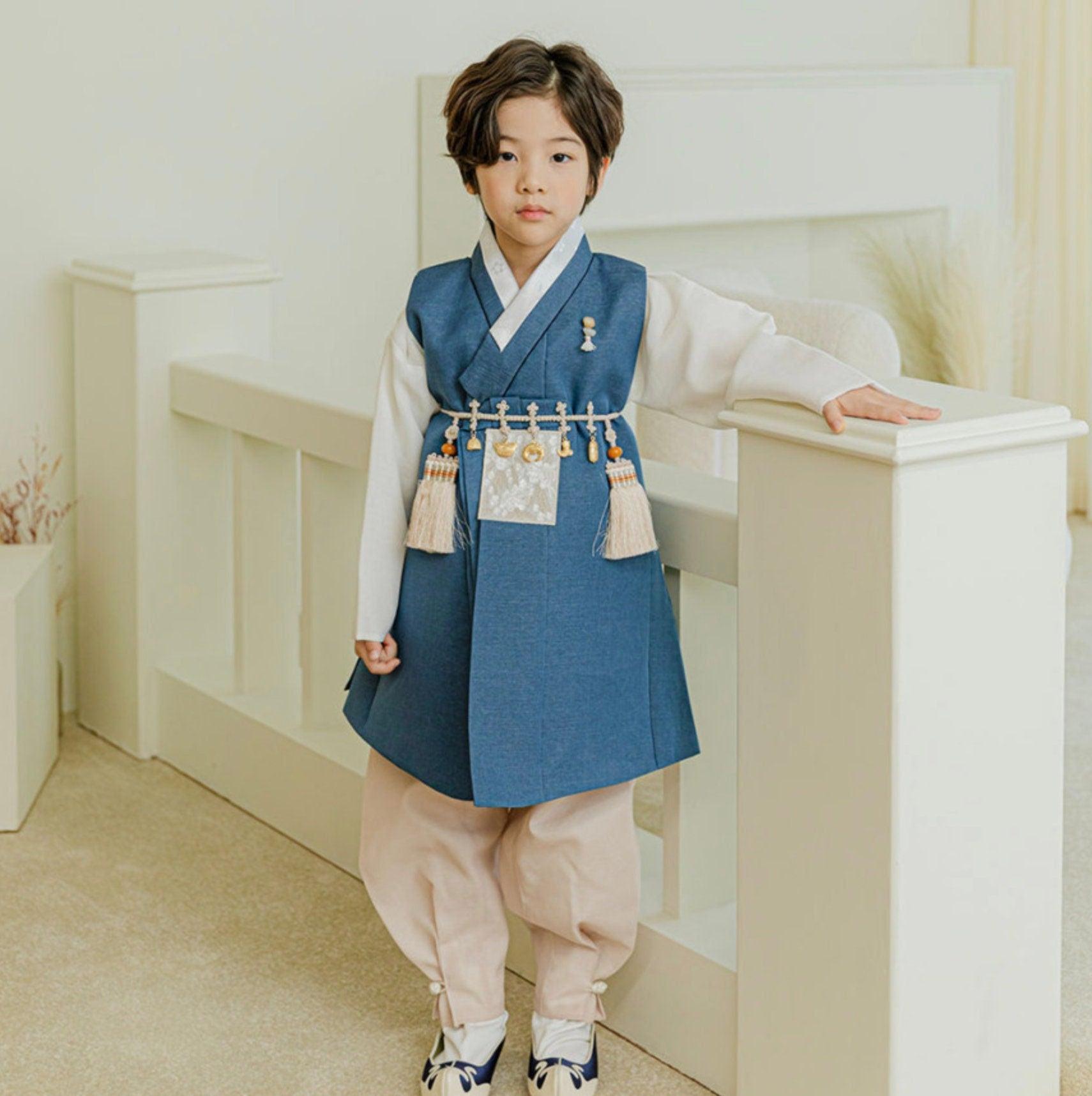 Yusin Blue Beige Solid Boy Hanbok (100D-15YR) - Native Korean