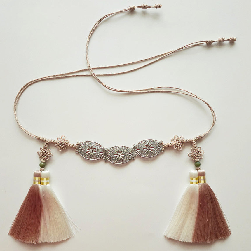 Double Tassel Belt with Floral Metal