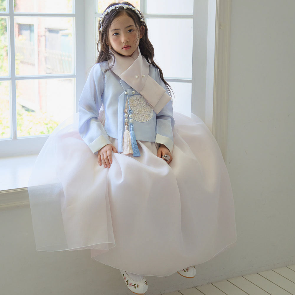 Kyu Flared Sky Beige Girl Hanbok (1-10YR)